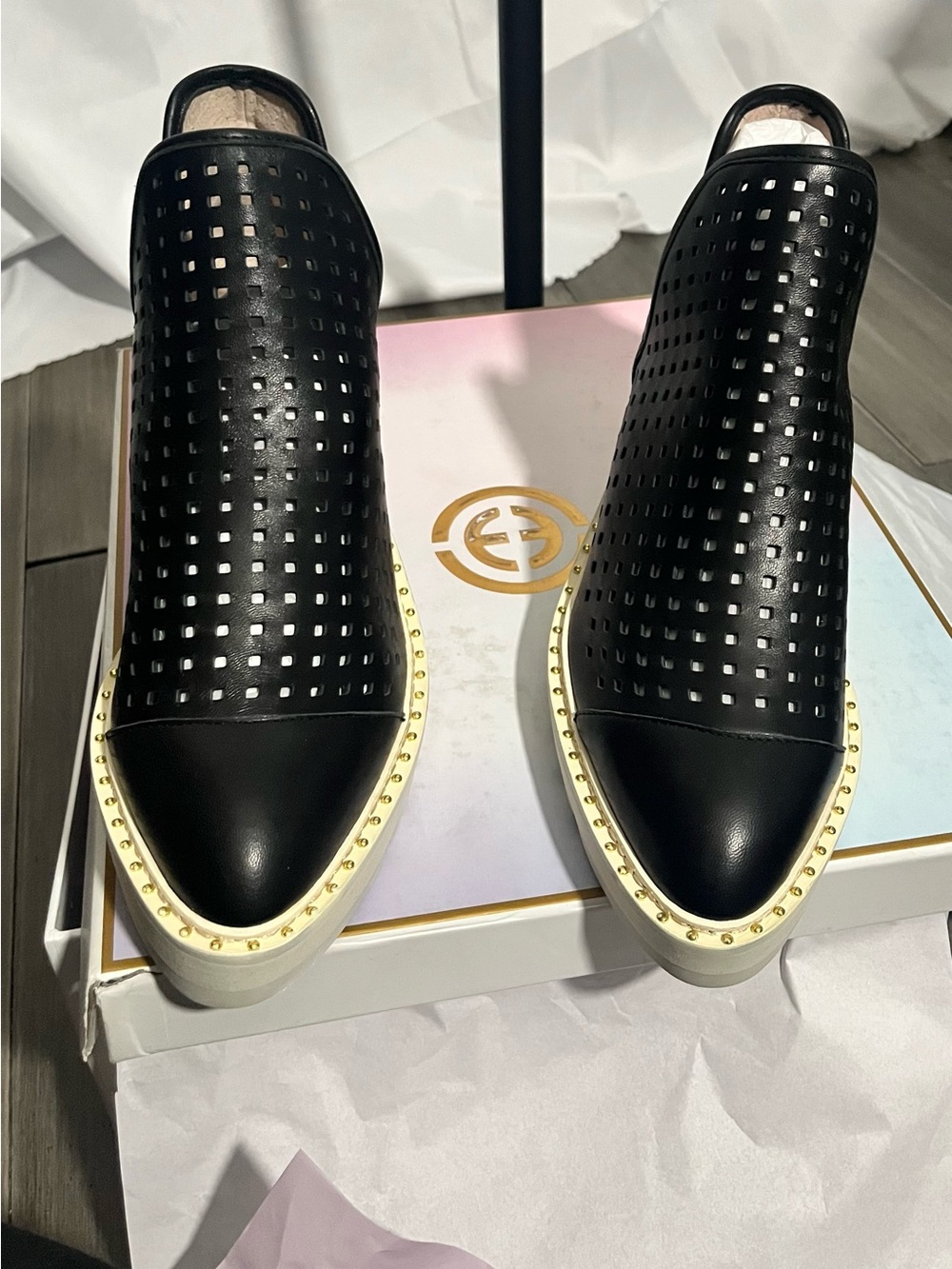CECELIA NEW YORK Black Perforated Pointed Mules with Gold Stud Trim NEW in box
